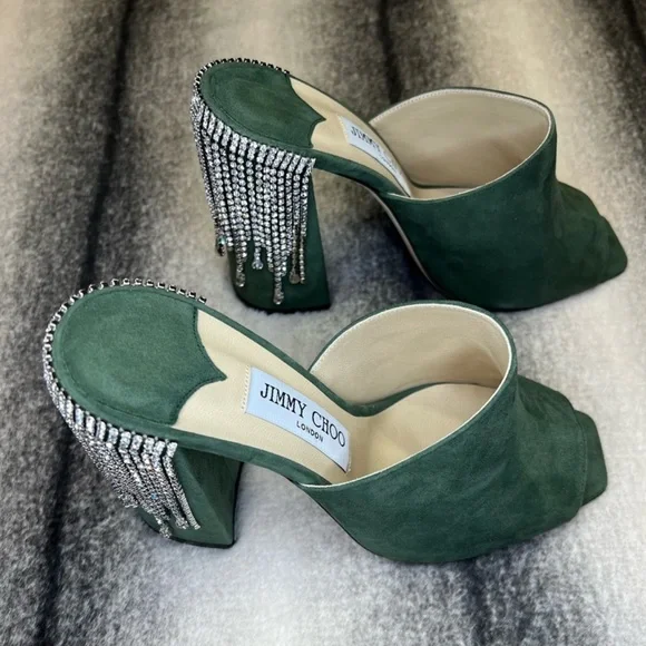 Jimmy Choo Baia 100 mm Crystal Detailed Cactus Suede Mule Sandal Heels - Picture 1 of 10